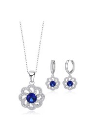 Resim Brezza Lusso Jewelry Gümüş Lüks Mavi Safir Taşlı Çiçek Model Kadın Kolye Küpe Set 
