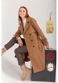 Resim Pastelastore %100 Pamuk Gabardin Uzun 110cm Astarlı Kemerli Kadın Trençkot 1111 Bej 