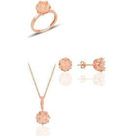 Resim Gümüş Lotus Çiçeği Modeli (Beyaz)Zirkon Taşlı Üçlü Set 