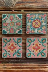 Resim Oscar Stone Decor Baskılı Doğaltaş Bardak Altlığı 4'Lü Set Desen Tile 4Dsn-185 
