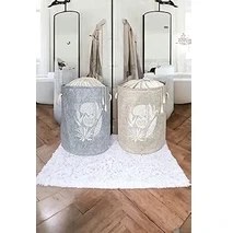 Resim Mayaglory 2'li Keçe Torbalı Yuvarlak Çamaşır Sepeti, Düzenleyici Organizer, Gri-Krem Renk, 50X35CM 