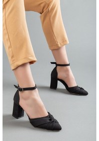 Resim Saten Fiyonk Baretli Siyah Büyük Numara Kadın Ayakkabısı Topuklu-2402-sıyah Siyah 