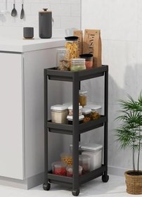 Resim 3 Katlı Tekerlekli Raf Ünitesi - Banyo & Mutfak Organizer - Çok Amaçlı Servis Sehpası - Dar Alanlar İçin Pratik Saklama Çözümü (SİYAH) 