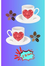 Resim Sevgililer Günü Kalpli Love Baskılı 2 Li Türk Kahvesi Fincanı Hediye Seti Beyaz 