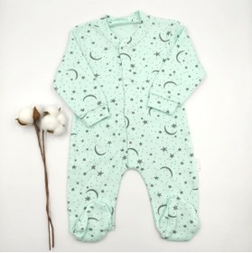Resim bebekstar Bebek Star Ay Yıldız Desenli Su Yeşili Kız Bebek Tulumu %100 Cotton 