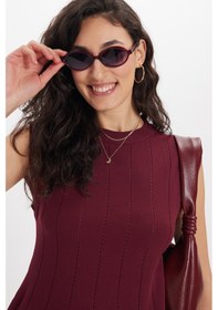 Resim Tudors Kadın Standart Fit Normal Kesim Kolsuz Bisiklet Yaka Bordo Triko Elbise-50697 