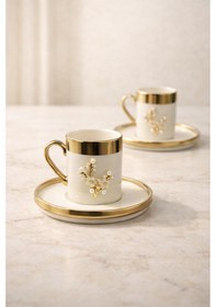 Resim 2 Kişilik Lüks Beyaz Gold Yaldızlı İnci Lotus Kahve Fincan Takımı Seti 100ml 
