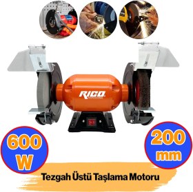 Resim Elektrikli Bıçak Kesici Bileme Taş Motoru 200 mm Zımpara 600 W Rico Taşlama Metal Tezgah Üstü Çark 