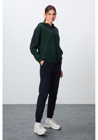 Resim Tommy Life Çam Yeşili-lacivert Kompakt Pamuklu Kalın Pürüzsüz Dokulu Kapüşonlu Oversize Fit Kadın Eşofman Takı Yeşil 