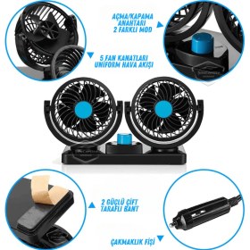 Resim Üniversal Oto Ofis Araç Içi Torpido Üstü Vantilatör Çift Başlıklı Çakmaklık Girişli 2 Kademeli Soğutucu Fan 360° Dönebilen Ultra Sessiz Araç Fanı 12V Mavi ONV54 