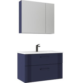 Resim Orka Bari 85 Cm Mat Lacivert Banyo Dolabı Takımı Mat Lacivert 