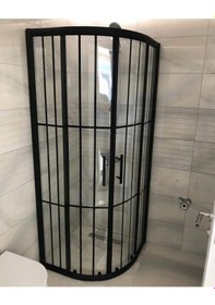 Resim Nokta Duşakabin Teknesiz Siyah Profil Karolaj Desen Oval Duşakabin Şeffaf 