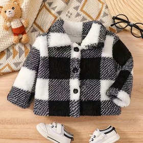 Resim Kışlık Ekose Yaka ve Sahte Süslemeli Ceket - Yumuşak ve Sıcak Mont, Siyah/Hardal Sarısı/Beyaz Ekose Dış Giyim, Düğmeli Ön Kapatma (Kolay Bakım El Yıkama/Kuru Temizleme) - Noel Partisi ve Soğuk Hava Kıyafeti 