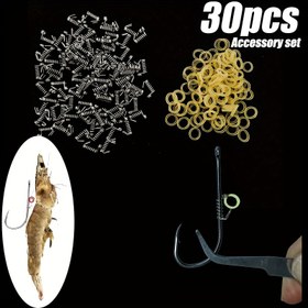 Resim 30 Set/Kutu Canlı Karides Arka Kanca Yay Klipsleri, Lastik Bantlarla Canlı Yem Tutma Yayıları, Kolay Kurulum, Çeşitli Kancalara Uyan Üç Boyut, Derin Deniz Tekne Balıkçılığı İçin İki Taraflı Dikenli Karides Kancaları 