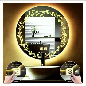 Resim Dnr-MirrorDnr-Mirror 70 cm Günışığı Ledli Tasarım Kumlamalı Dokunmatik Tuşlu Buğu Önleyicili Banyo Aynası Makyaj Aynası 