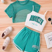 Resim Sporty Girl 3 Parça Yazlık Üst + File Örtü + Şort Takımı, Açık Hava İçin Mükemmel 