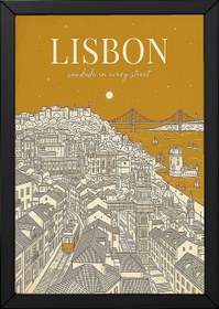 Resim Lisbon Line Art Print - Mustard Yellow Tram Belém Tower Skyline Wall Art - With Hanger - Black / 12 x 16" (30x40 cm) 