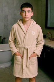Resim LaraLisa Collection Kapüşonlu Cepli Doğal Pamuk Slim Kalıp Garson Boy Kız Erkek Unisex Bornoz Bej 13-14 Yaş 