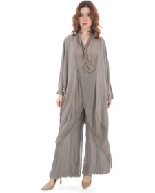 Resim Bohem Stil Italyan Ipek Detaylı Oversize Kap Bluz- Wes Pantolon Takım-8789 Vizon 