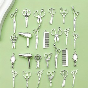 Resim 26 parça Antika Gümüş Saç Şekillendirme Serisi Charm Tarak & Makas & Saç Kurutma Makinesi Metal Kolye Ucu Bilezik Kolye Küpe Takı DIY El Yapımı Mücevher Aksesuarları 