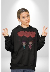 Resim Sevgili Balon Aşk Salıncak Sevgililer Günü Kadın Erkek Siyah Kapüşonlu Sweatshirt Hoodie Siyah 