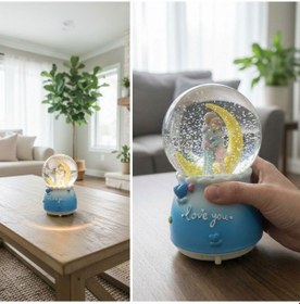 Resim Pilli Işıklı Müzikli Kar Küresi Hilal Ay Figürlü Romantik Masaüstü Biblo, Led Aydınlatmalı Dekoratif Hediyelik Kar Küresi 4989 