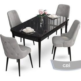 Resim Canisa Concept Nev Serisi 80 x 132 cm Açılabilir Siyah Mermer Desen Masa Takımı 4 Sandalye Gümüş Halkalı 