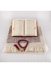 Resim Seccade + Tesbih + Kuran Hediye Seti (Çanta Boy, Kadife, Bordo) 