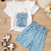 Resim Yazlık Genç Kız Günlük Karakter Baskılı Kısa Kollu Tişört + Çiçek Desenli Şort İki Parça Takım, Dış Mekan İçin Mükemmel 