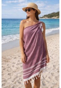 Resim Elmas Desenli Pamuk Peştemal Plaj Havlusu 100x170 Cm Pareo Kullanımına Uygun Bordo 