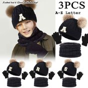 Resim 3'lü Set 26 Harfli Örme Şapka, Polar Astarlı Eşarp ve Örme Parmaksız Eldiven, Soğuk Korumalı Sıcak Rüzgar Geçirmez Şapka, Sonbahar ve Kış Günlük Dış Giyim Moda Kombinleri İçin Uygun, Doğum Günü Hediyesi Olarak Uygun, Şükran Günü İçin Mükemmel 