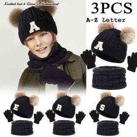 Resim 3'lü Set 26 Harfli Örme Şapka, Polar Astarlı Eşarp ve Örme Parmaksız Eldiven, Soğuk Korumalı Sıcak Rüzgar Geçirmez Şapka, Sonbahar ve Kış Günlük Dış Giyim Moda Kombinleri İçin Uygun, Doğum Günü Hediyesi Olarak Uygun, Şükran Günü İçin Mükemmel 