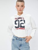 Resim Şardonlu Crop Sweatshirt Baskılı Kapüşonlu Korse Görünümlü Rahat Kesim 
