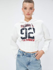 Resim Şardonlu Crop Sweatshirt Baskılı Kapüşonlu Korse Görünümlü Rahat Kesim 