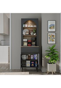 Resim 60 Cm Ledli Kahve Köşesi, Çok Amaçlı Dolap,2 Kapaklı 1 Çekmeceli Kiler Dolabı,mutfak Dolabı Atlantik Çam - Antrasit 