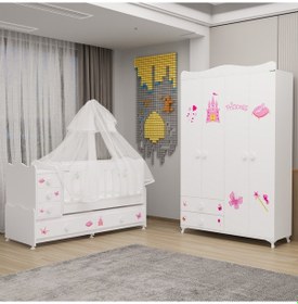 Resim Melina Yıldız 4 Kapaklı Dolap Takım + Yatak + Uyku Seti - Prenses Beyaz 