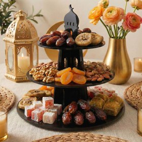 Resim Ramazan İkramlık Servis Standı - Yuvarlak 3 Katlı Akrilik Sunumluk - 30x30 cm / Şeffaf 