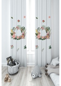Resim Mekta Home Bebek Ve Çocuk Odası Çiçekli Çelenk Desenli 2 Kanat Fon Perde 
