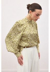 Resim Sateen Desenli Bluz - Yeşil-137134 Yeşil 