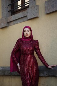 Resim BAHARYAMAÇLI Kadın Maren Bordo Kemerli Şerit Pullu Tesettür Abiye Elbise 