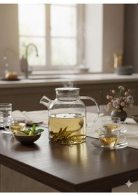 Resim 1800 Ml Metal Kapaklı Isıya Dayanıklı Cam Bitki Çayı Demliği Şeffaf 