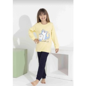 Resim Rapapa Kız Çocuk Kedi Baskılı Uzun Kollu Pijama Takımı - Rahat Ev Giyimi-8411- 