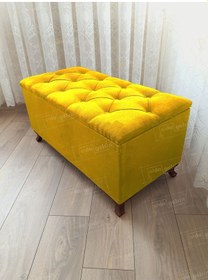 Resim Lüks Sandıklı Kapitoneli Ayakucu Puf Bench 110 Cm Ceviz Ayak Sarı 