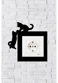 Resim Kedili Tasarım Priz Çerçevesi İç Ölçü 8,4x8,4 Cm Dekoratif Priz Kenarlık Süsü - Ev Süsü Siyah 