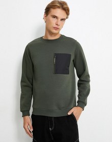Resim Koton Bisiklet Yaka Sweatshirt Fermuarlı Cep Detaylı Ribanalı Şardonlu Haki 4wam70053mk Haki 