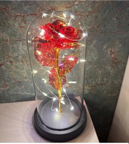 Resim Premium Kristal Solmayan Gül Işıklı Cam Fanus - Kırmızı 