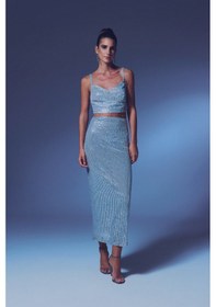 Resim Sateen Fermuarlı Karolin Midi Etek - Gümüş-135352 Gümüş 