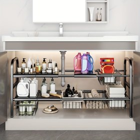 Resim Çıkarılabilir Kapaklar ve Panellerle Genişletilebilir Alt Lavabo Depolama Rafı, Çok Katmanlı Mutfak Dolabı Düzenleyici, Ayarlanabilir Tasarımıyla Evrensel Banyo Rafı, Kullanım Rafa 
