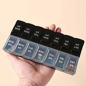 Resim 14 Bölmeli Haftalık İlaç Organizatörü - AM/PM Etiketli, Şeffaf ve Siyah Seyahat Dostu Vitamin ve Takviye Kutusu, 7 Günlük 2x Doz Kapasiteli, Günlük İlaç Saklama Kutusu, Am Pm Etiketli, Şeffaf Plastik 
