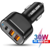 Resim Uslion 30W 2 USB + Type-C Girişli Qc3.0 Hızlı Araç Çakmaklık Şarjı 